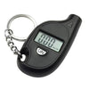 Black digital tire pressure gauge with an LCD display and metal chain for measurement