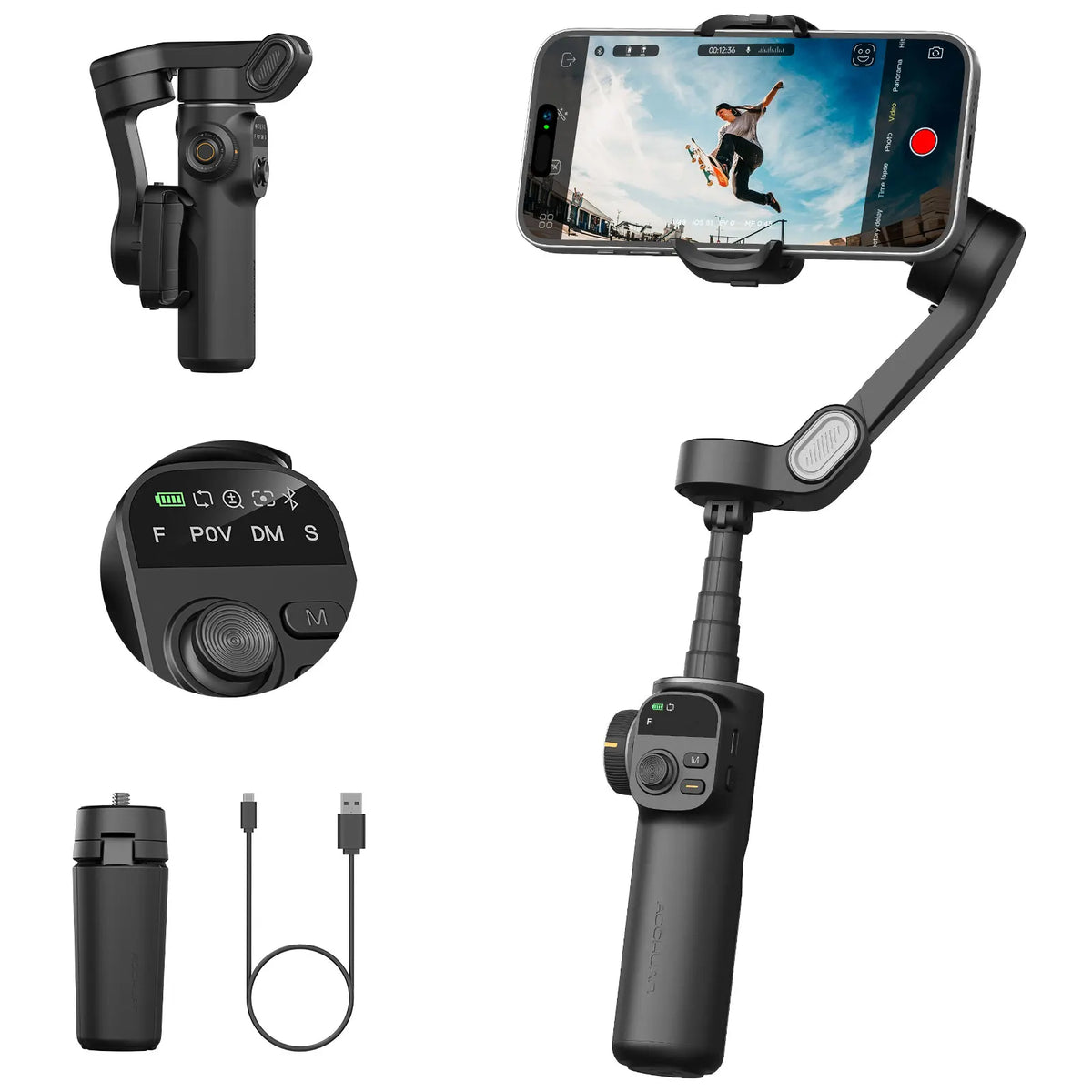 3-Axis Smartphone Gimbal Stabilizer with Built-in Extension Pole and LED Display