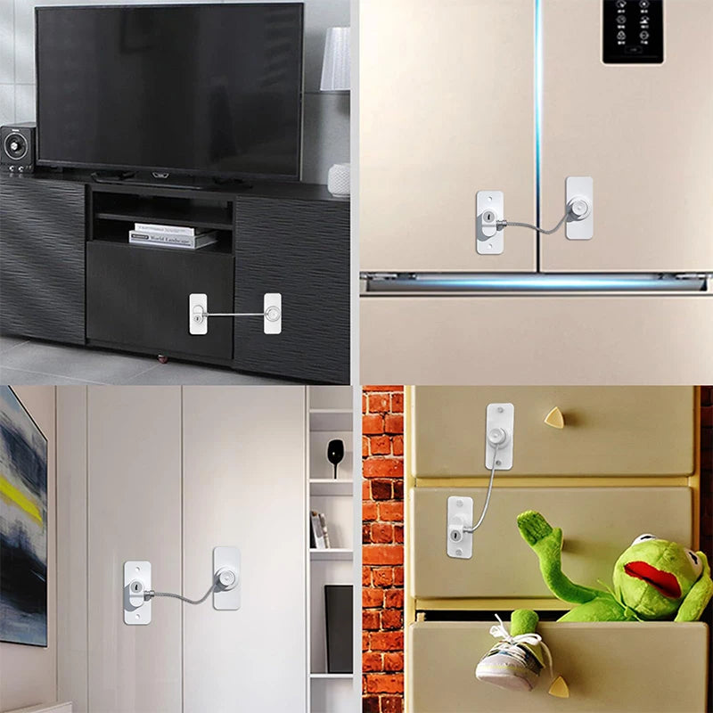 A collection of modern safety locks installed on kitchen cabinets and doors, featuring silver and black finishes.