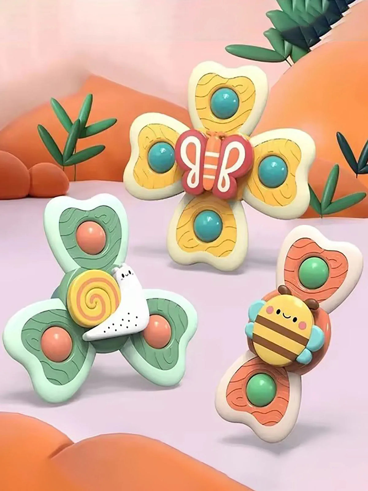 Colorful insect-themed suction cup bath toys featuring bees and butterflies on a pink background.