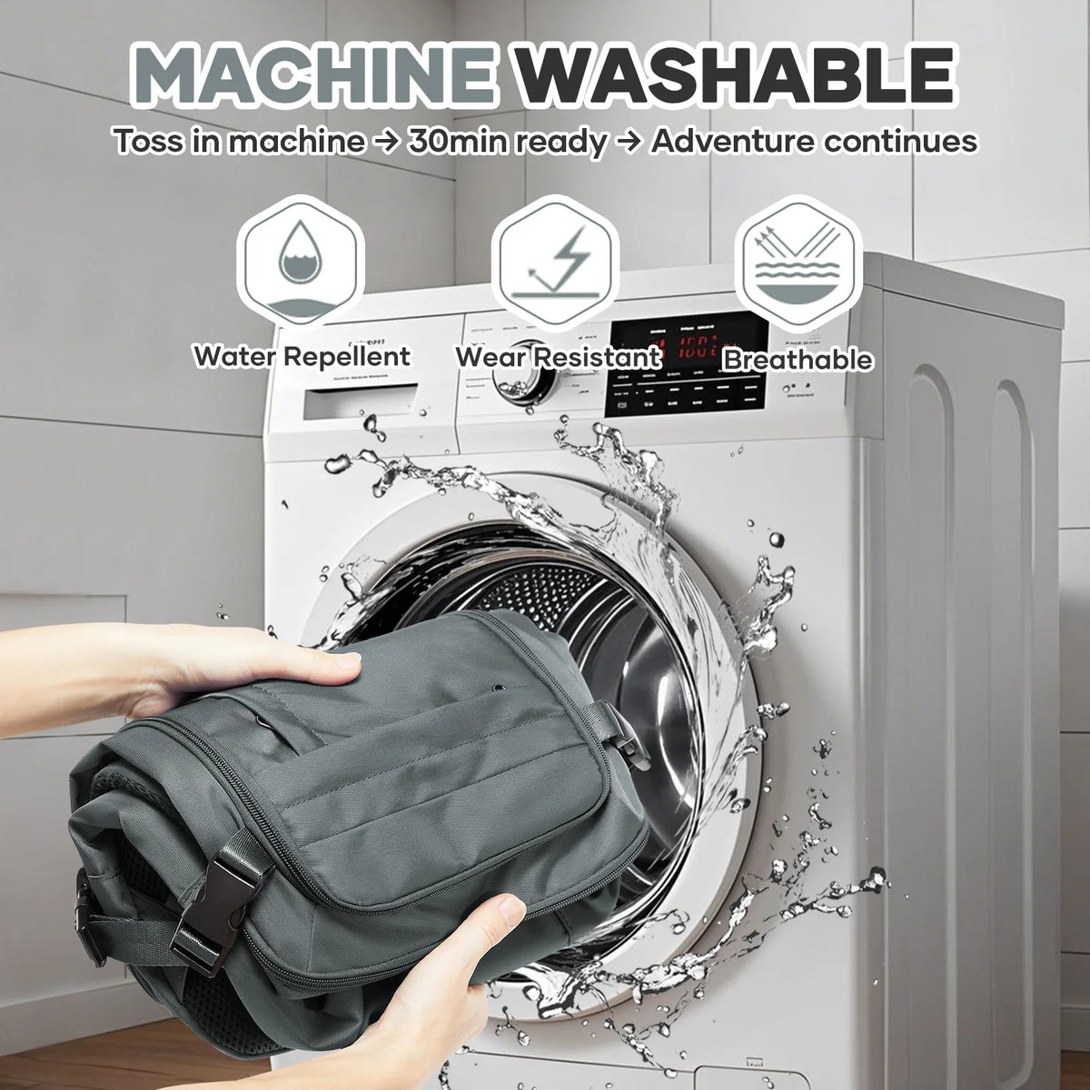 A gray compact underseat travel backpack is being placed into a washing machine for cleaning.