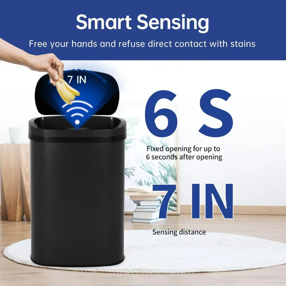 A black automatic touchless trash can with a sensor, demonstrating smart sensing technology.