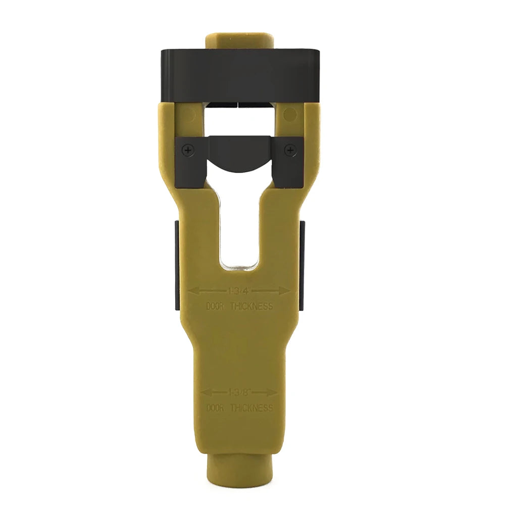 A yellow and black door latch mortise installation kit with a chisel guide.