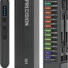 A black precision screwdriver set with an LED light and various torque settings is shown in three views.