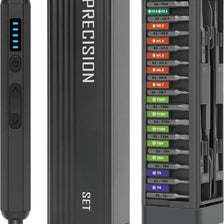 A black precision screwdriver set with an LED light and various torque settings is shown in three views.