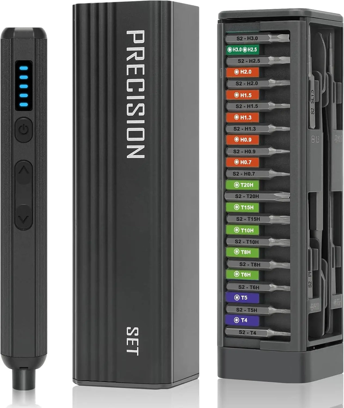 A black precision screwdriver set with an LED light and various torque settings is shown in three views.