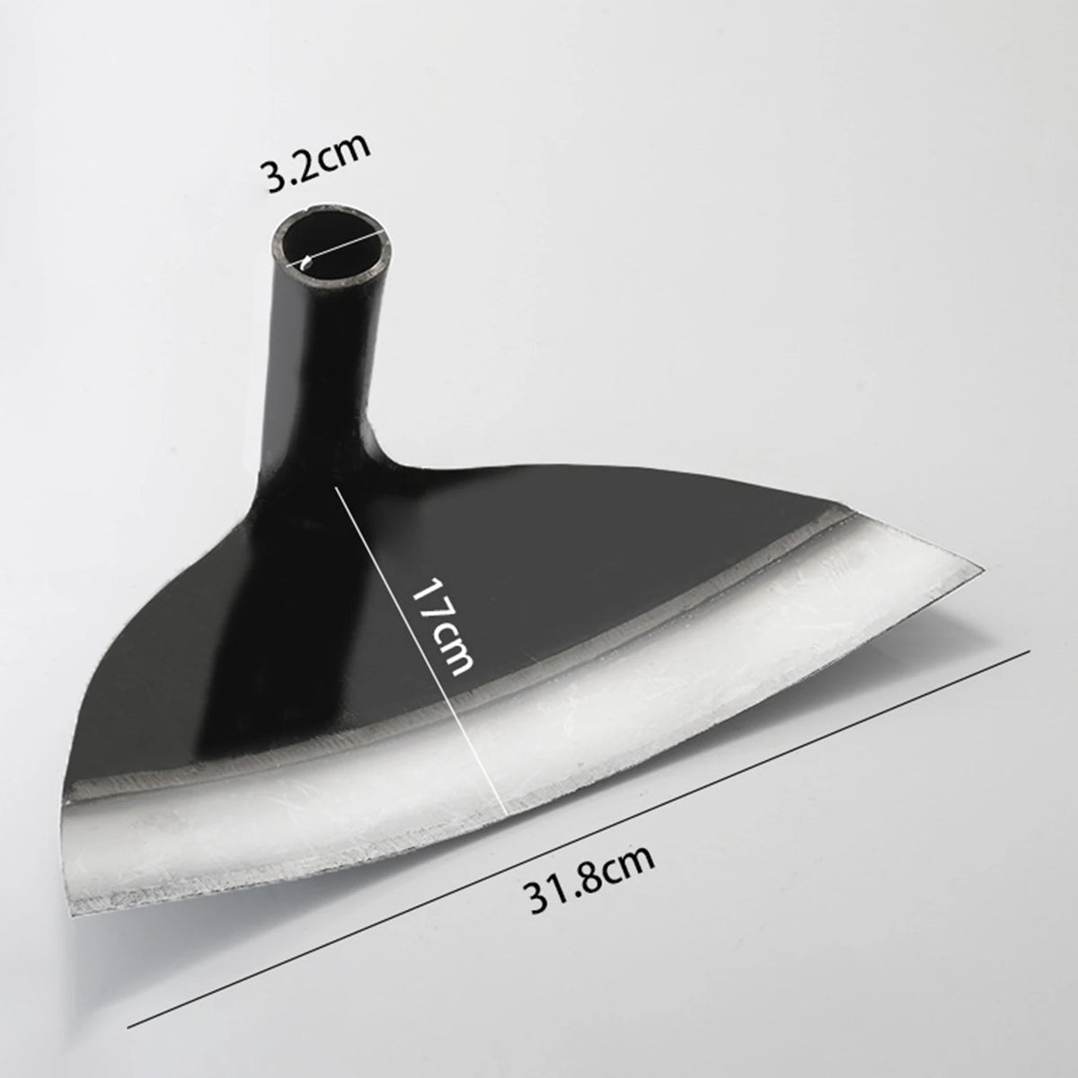 A black stainless steel garden hoe with a curved blade and a narrow handle, shown in profile.