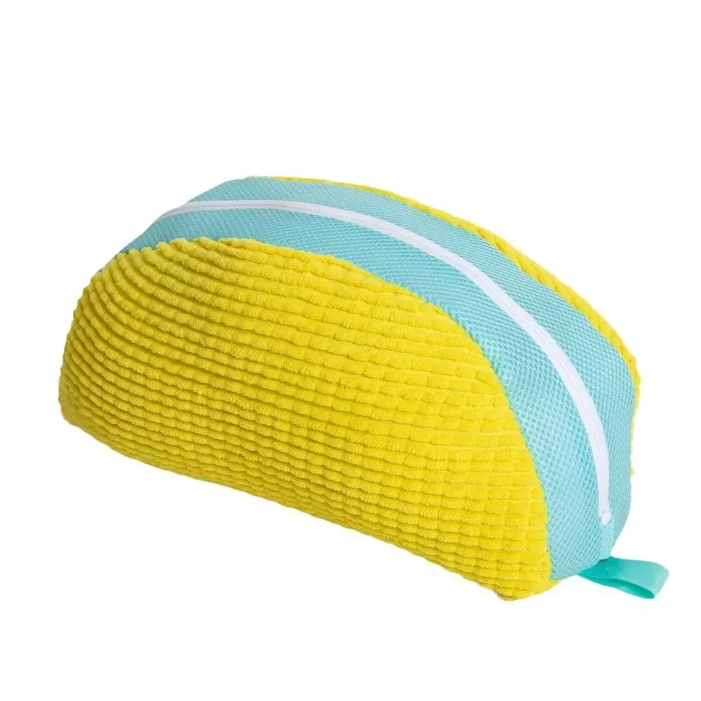 Yellow and light blue shoe washing machine bag with a soft bristled cleaning brush set