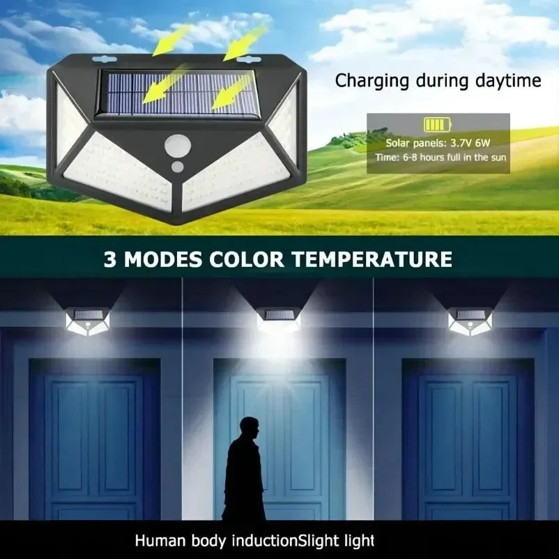 Solarbetriebene LED-Bewegungssensor-Spotlight mit drei Farbtemperatur-Modi, der eine Tür beleuchtet.