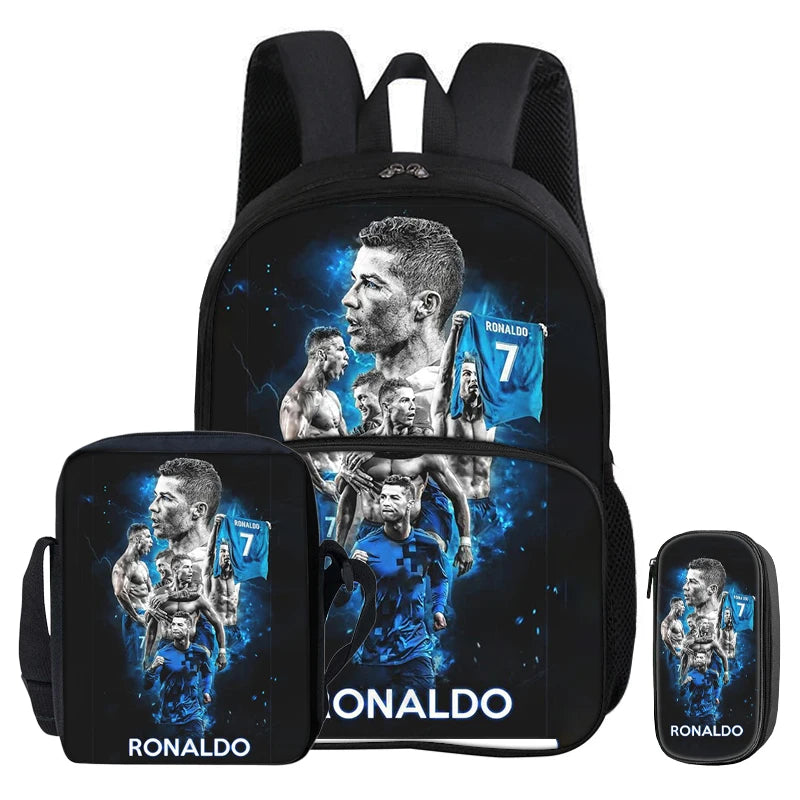 Black backpack and pencil bag featuring a graphic of Cristiano Ronaldo.