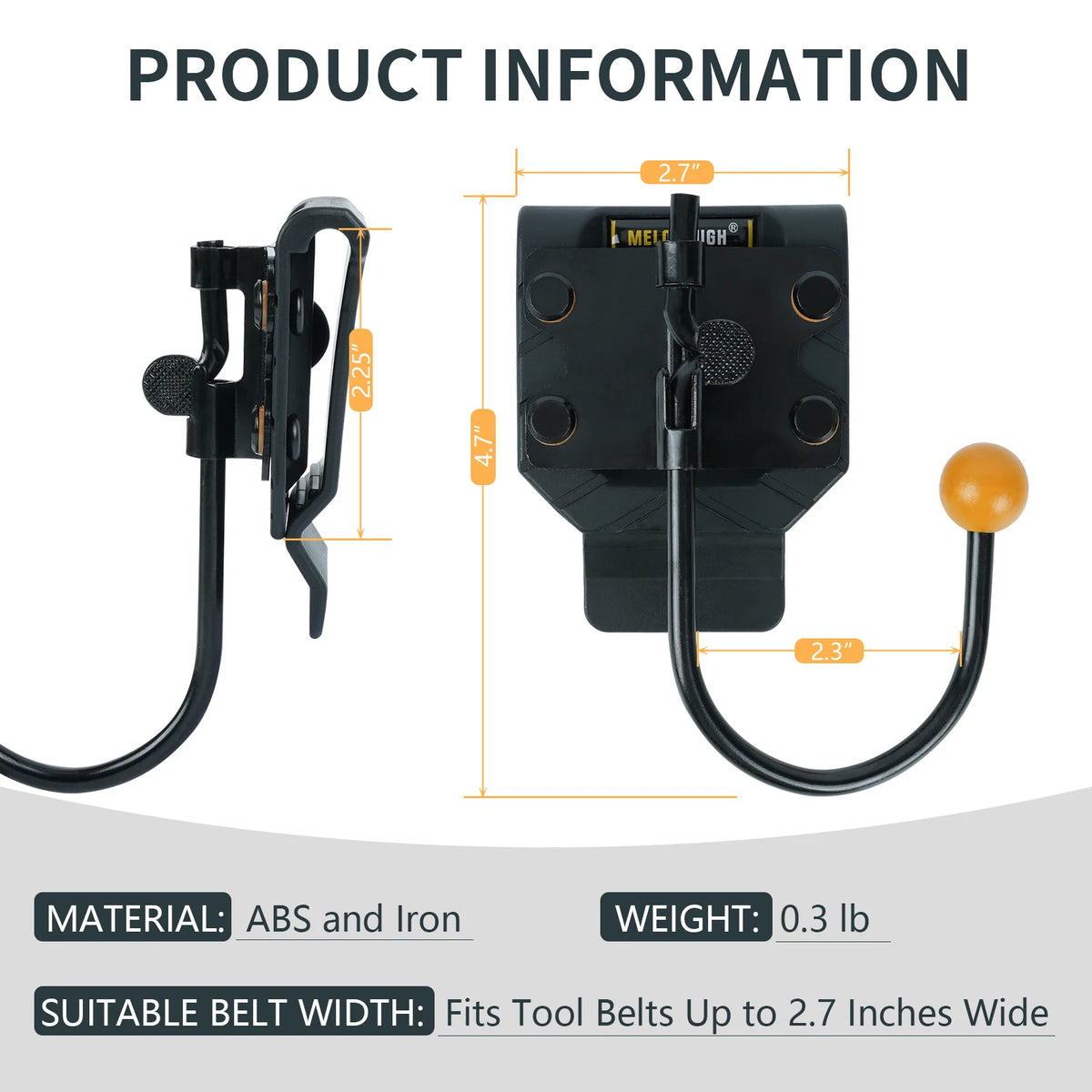 A black rotating tool belt hook made of ABS and iron suitable for belts up to 2.7 inches wide.