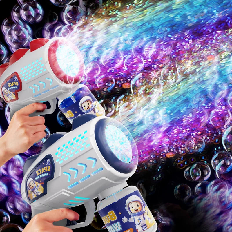 A hand holds a white and purple astronaut bubble blaster toy firing bubbles against a colorful, sparkling background.