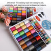 A sewing thread kit with 64 colors is shown in a portable storage case, demonstrating various colored threads for sewing proj