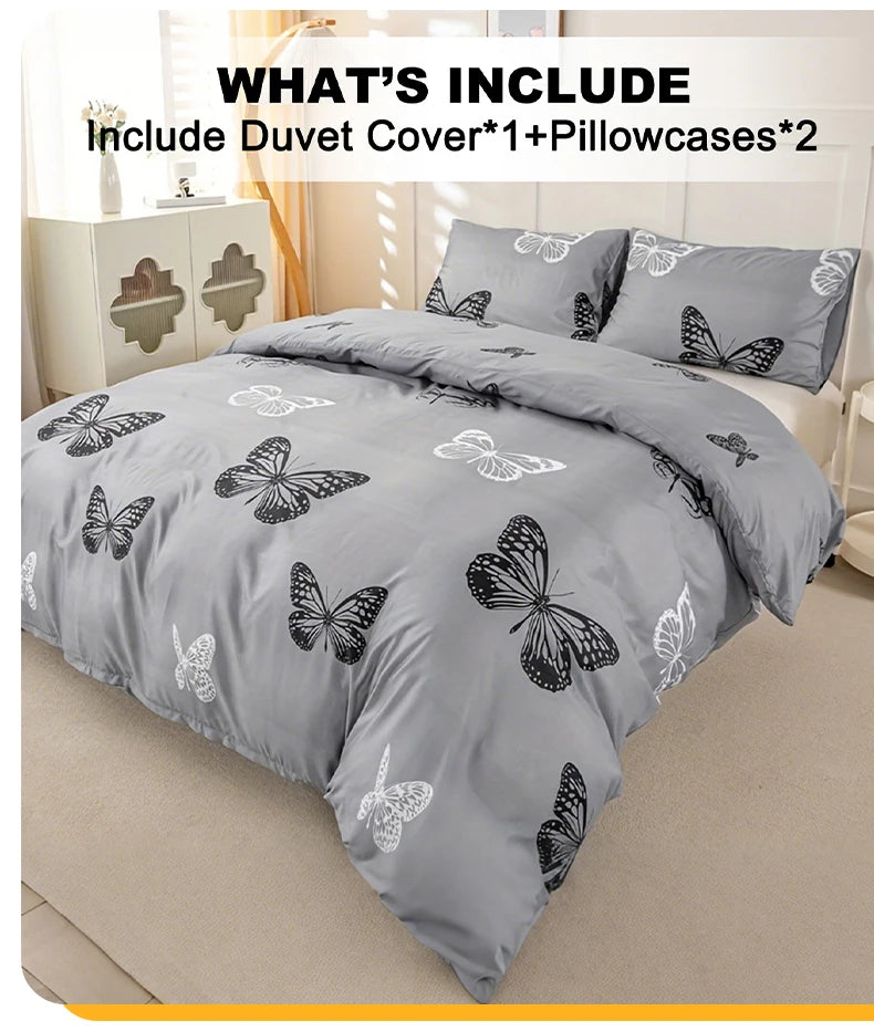 Gray butterfly print duvet cover set including one duvet cover and two pillowcases