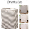 Four styles of foldable waterproof laundry baskets are displayed in various striped patterns.