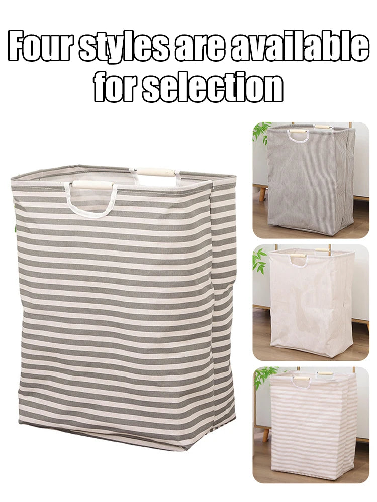Four styles of foldable waterproof laundry baskets are displayed in various striped patterns.