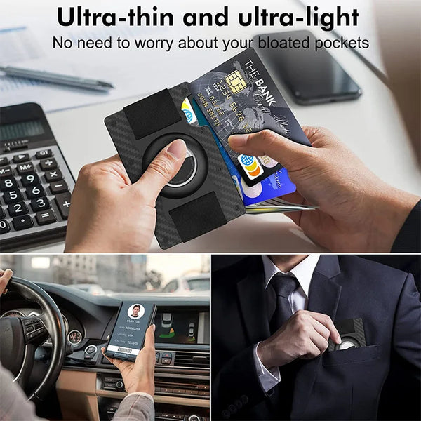 يد تمسك بمحفظة ألومنيوم سوداء بسيطة مع خاصية حماية من تقنية RFID على خلفية فاتحة.