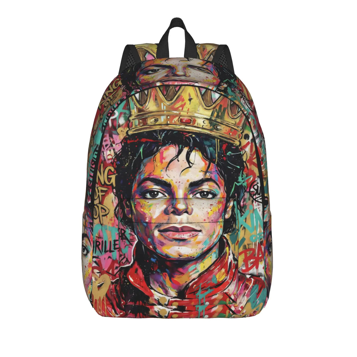 A colorful backpack featuring a portrait of a musical icon wearing a golden crown.