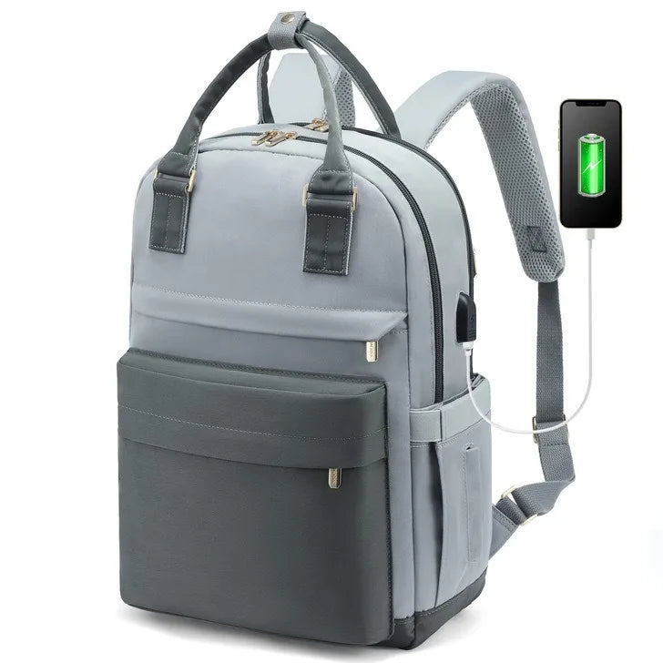 Women's Nylon Waterproof Casual Backpack with USB Port, Fits 15.6 Inch Laptop
