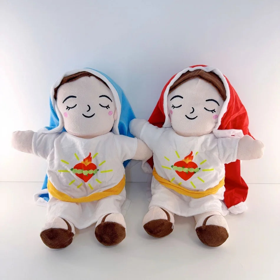 A pair of plush figures depicting Jesus with breathing motion, dressed in white and colored hoods.