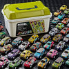 A collection of colorful diecast pull-back cars displayed in a white storage box.