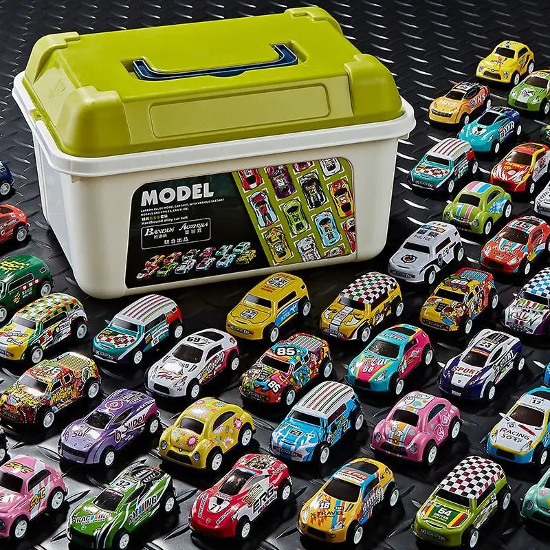 A collection of colorful diecast pull-back cars displayed in a white storage box.