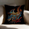A black cushion cover featuring a detailed, colorful print of the Monster Hunter Rathalos and Nargacuga dragons.