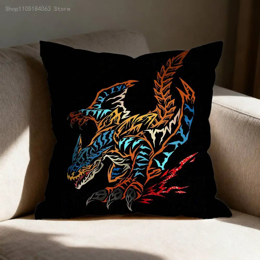 A black cushion cover featuring a detailed, colorful print of the Monster Hunter Rathalos and Nargacuga dragons.