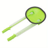 A bright lime green adjustable bag holder rack with a black ring and clear plastic arms for kitchen storage.
