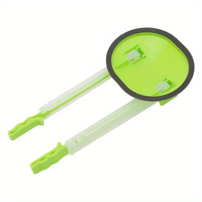 A bright lime green adjustable bag holder rack with a black ring and clear plastic arms for kitchen storage.