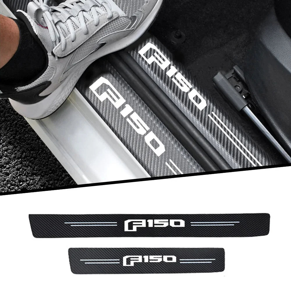 A set of four black PU leather door sill protector stickers for a Ford F-150 vehicle.