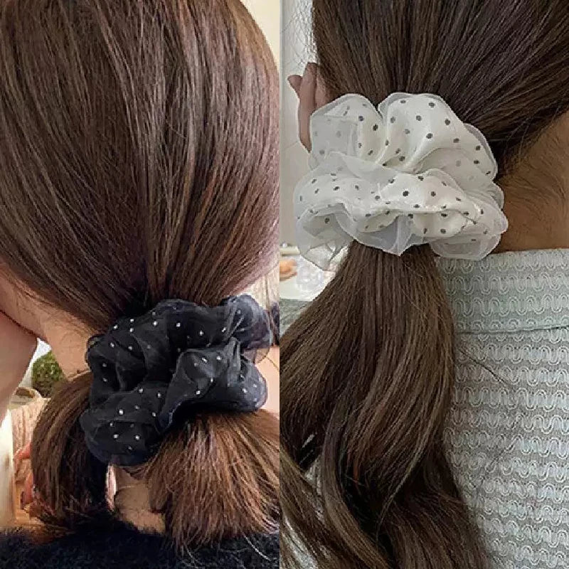 Two close-up images showing dark polka dot mesh scrunchie hair ties in different styles and colors