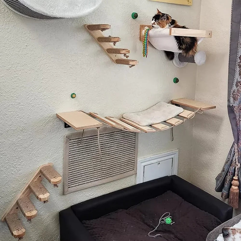 Wall-Mounted Wooden Cat Climbing Shelf with Sisal Scratching Post