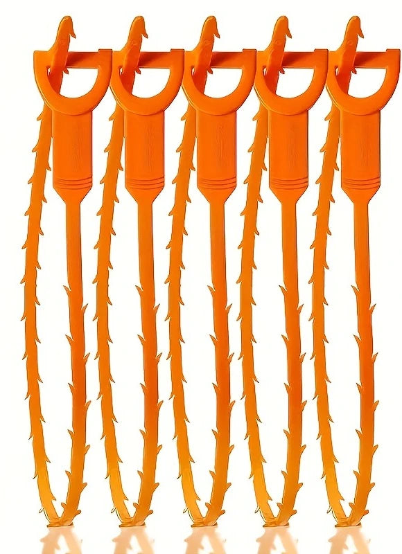 A set of orange flexible drain cleaning tools with long, curved handles.