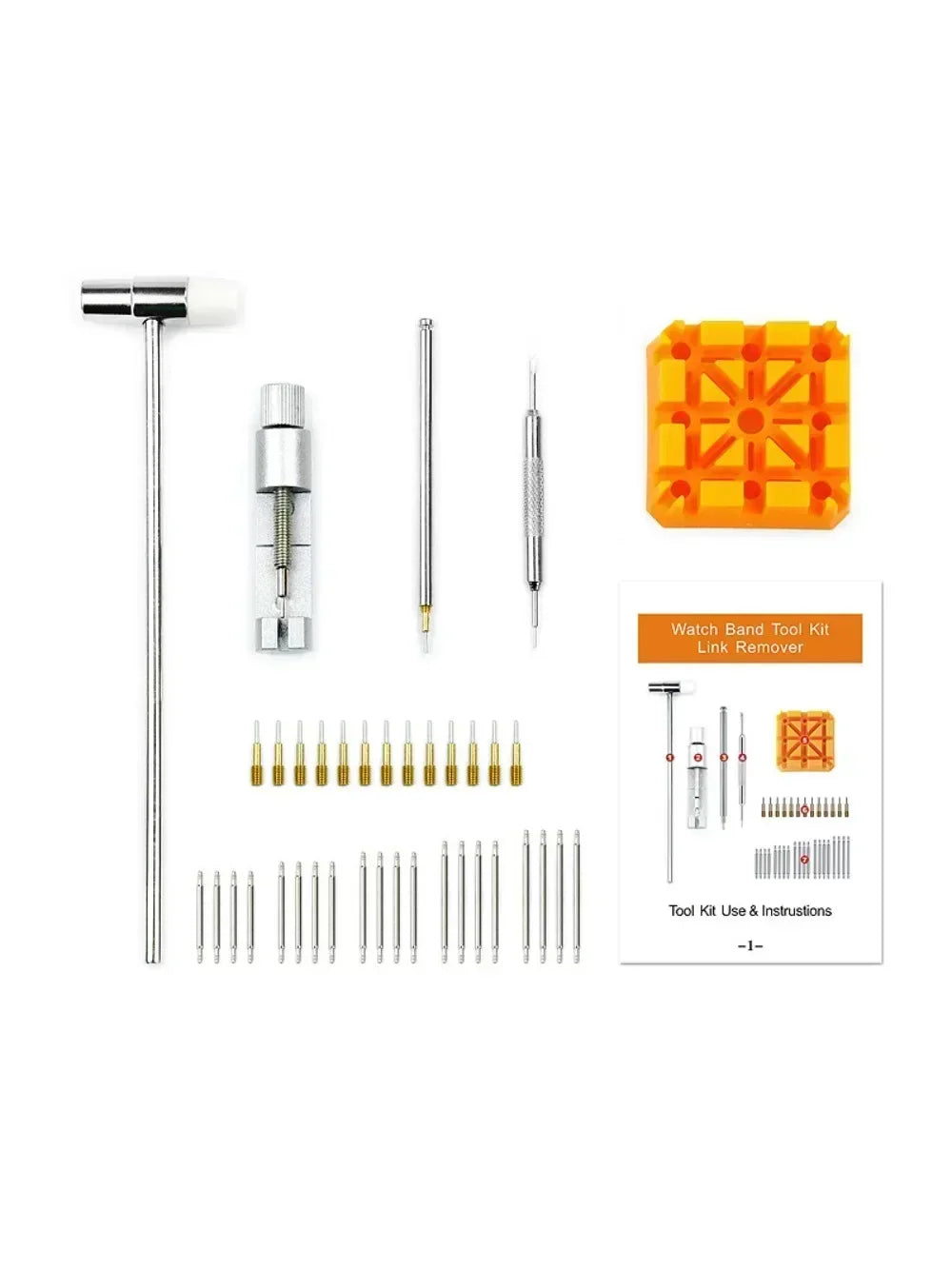 A set of watch band link remover and pin adjustment tools including a tool kit and an orange plastic piece