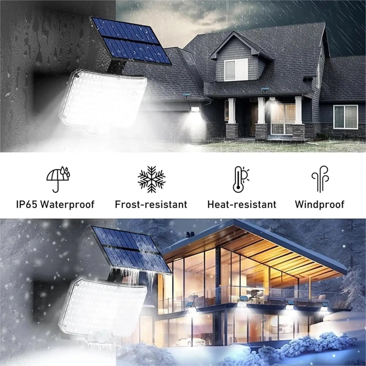 A solar-powered flood light illuminates a house exterior at night, demonstrating its waterproof and weatherproof features.