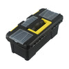 A black plastic toolbox with a yellow handle and two transparent solar panels inside.