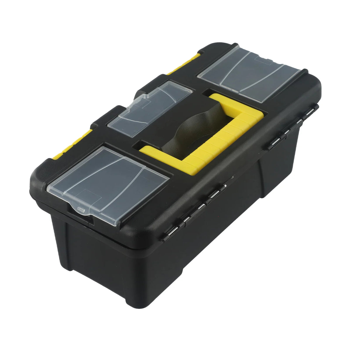 A black plastic toolbox with a yellow handle and two transparent solar panels inside.
