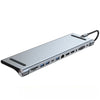 Silver 12-in-1 USB-C docking station featuring dual 4K HDMI ports, 100W PD, and SD/TF card readers.