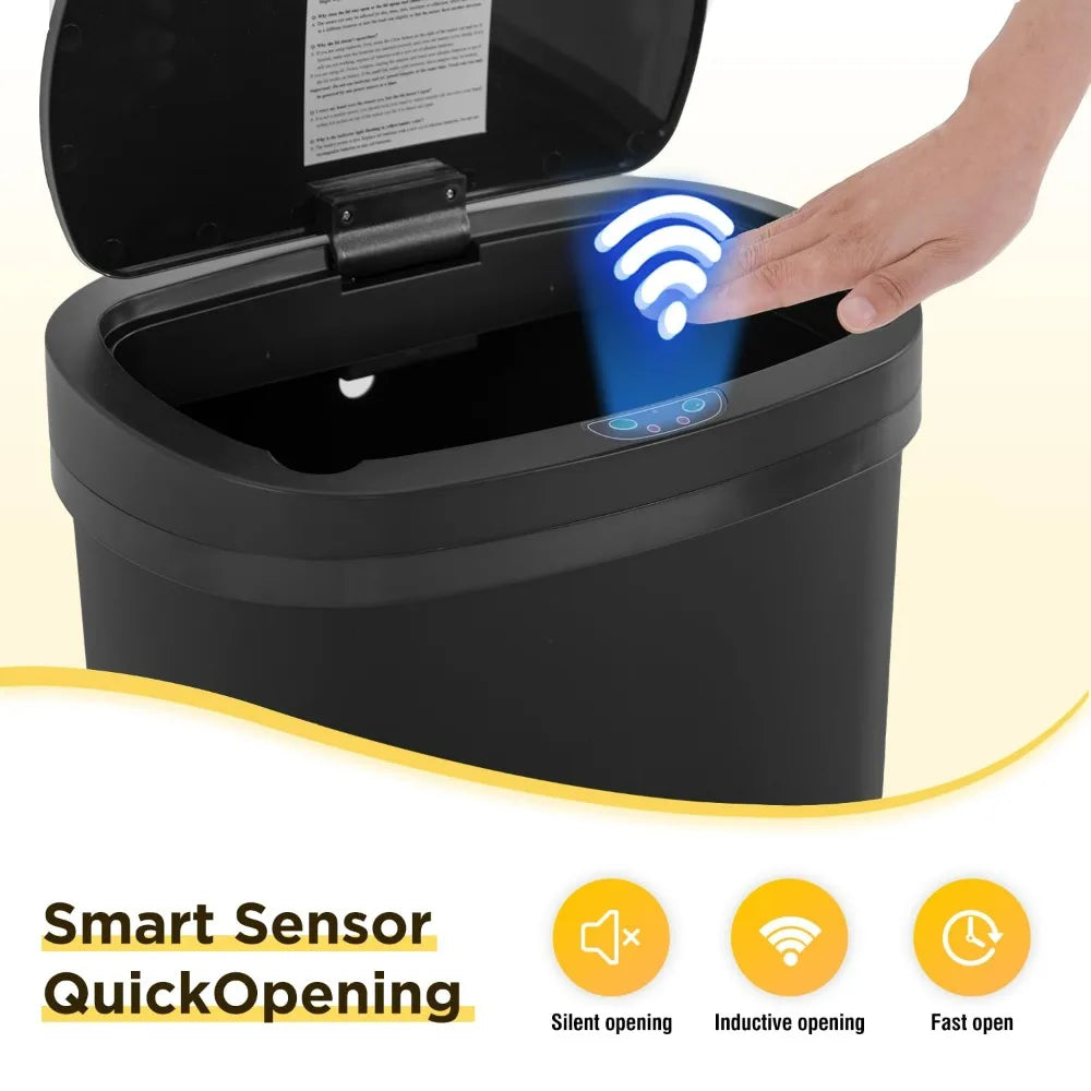 A hand is opening a black automatic touchless trash can, demonstrating its smart sensor quick-opening feature.
