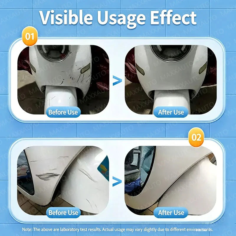 Comparison showing before and after use of a car scratch remover product on auto paint.