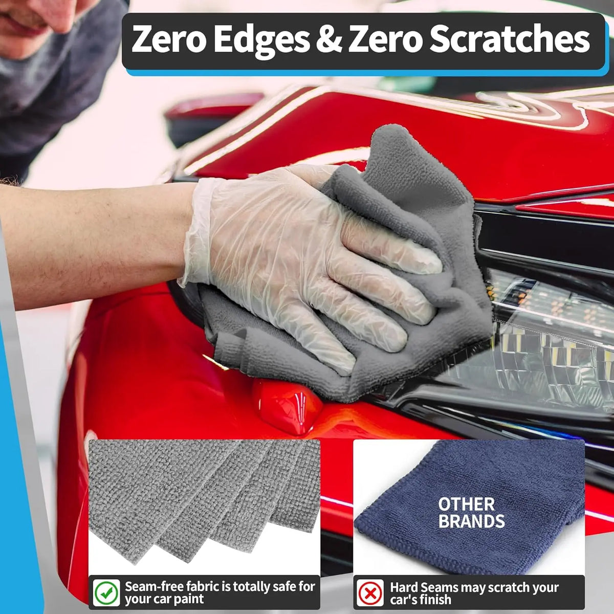A hand wearing a gray cleaning cloth is wiping a red car surface, demonstrating zero edges and scratches.