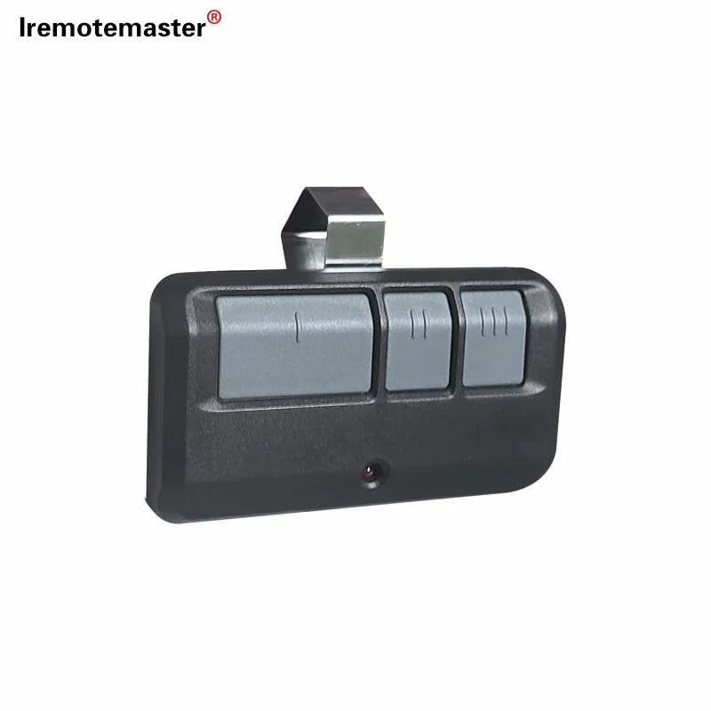 A gray universal keychain garage door remote for LiftMaster and Craftsman.