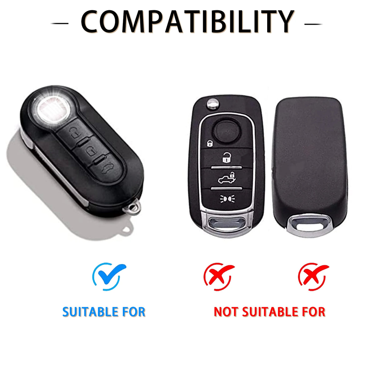 A luxury leather key case is shown with compatibility indicators for Fiat and Citroen models.