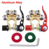 A pair of aluminum alloy quick-release car battery terminal connectors with various sizes and a metal strip.