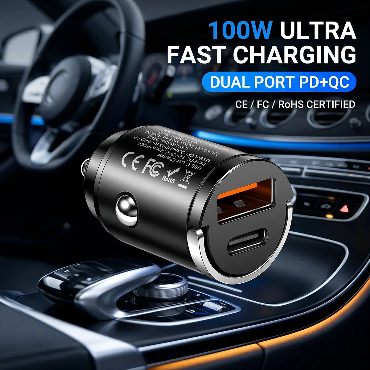 100W Dual Port Car Charger with USB-C & USB-A Fast Charging