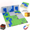 A set of magnetic building blocks base plates showing various colored and patterned tiles and a measuring scale.
