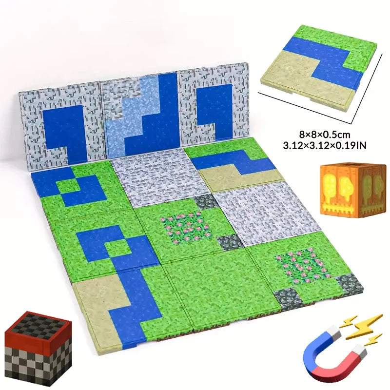 A set of magnetic building blocks base plates showing various colored and patterned tiles and a measuring scale.