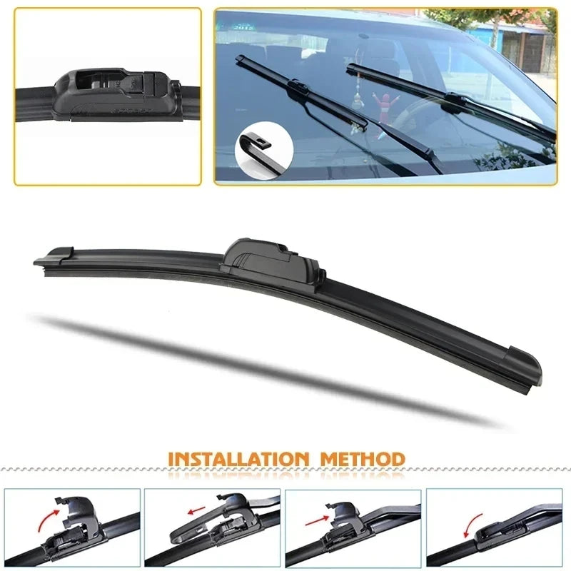 Black GMC Yukon front windshield wiper blades shown in various installation methods and close-up views.
