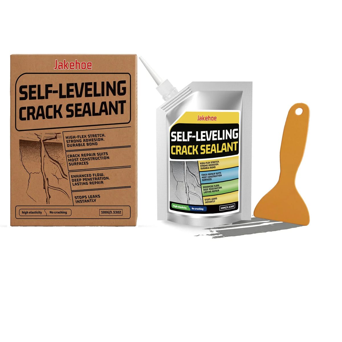 A bottle of Jakehoe self-leveling crack sealant and an applicator tool are shown on a white background.